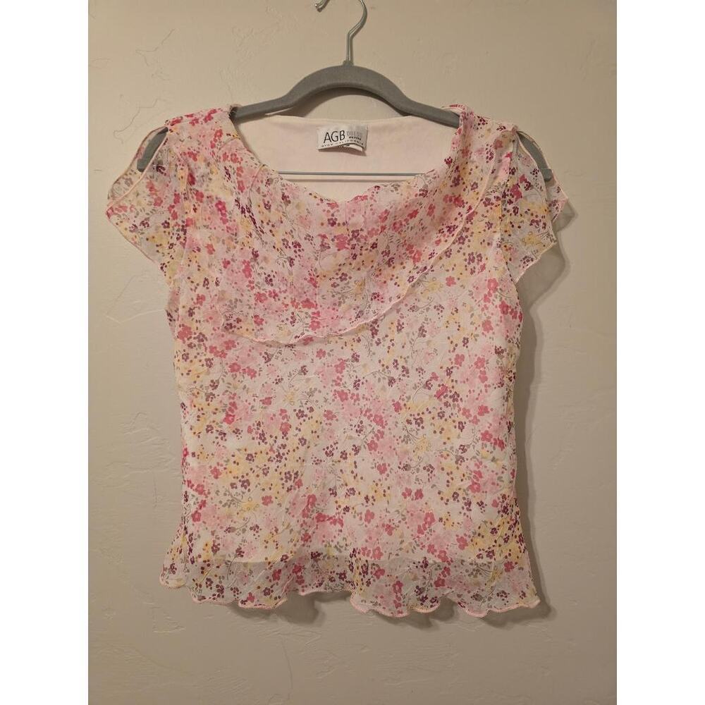 AGB Petite Sheer Floral Baby Tee Y2K Coquette Ruffle Hem Top P/4